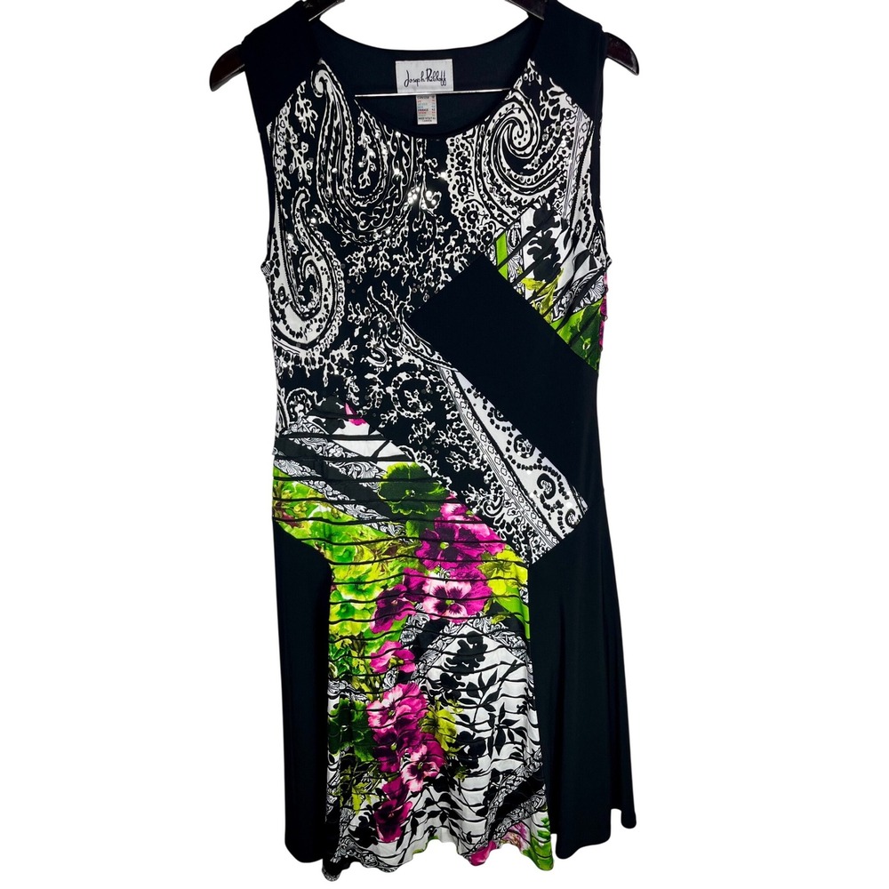 Joseph Ribkoff 12 Black White Pink Green‎ Paisley Floral Sequin Sleeveless Dress